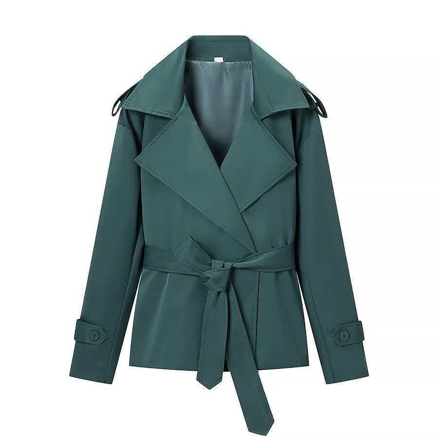 Women's short trench coat jacket with waist belt, wide lapels, and decorative shoulder epaulettes Mune Fashion