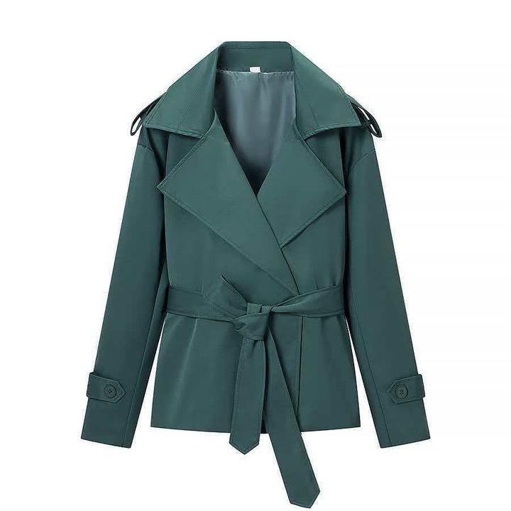 Women's short trench coat jacket with waist belt, wide lapels, and decorative shoulder epaulettes Mune Fashion