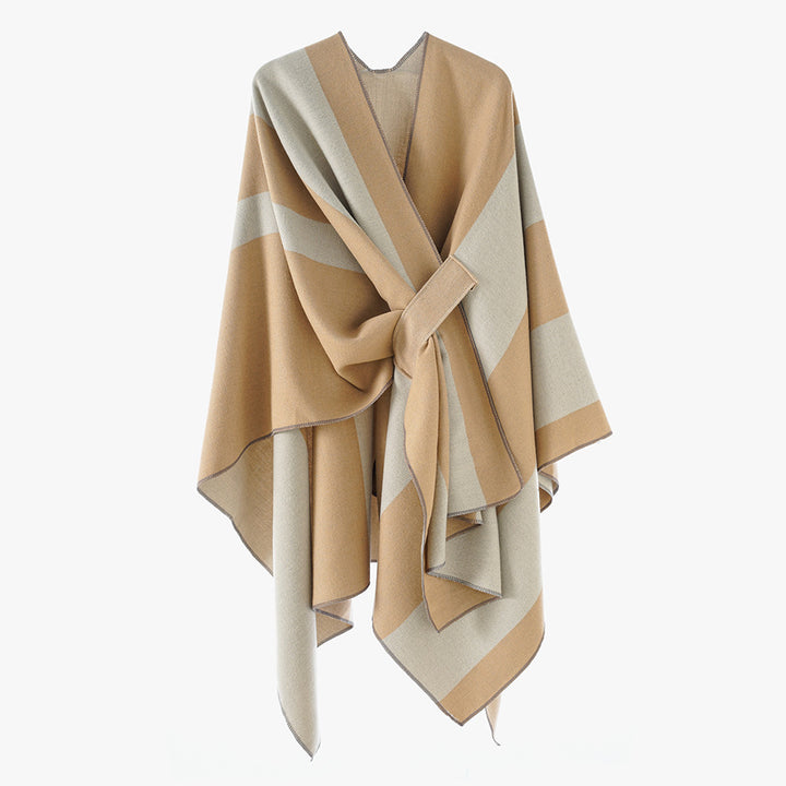 Women's Oversize Cape with Block Stripes and Tied Belt Mune Fashion