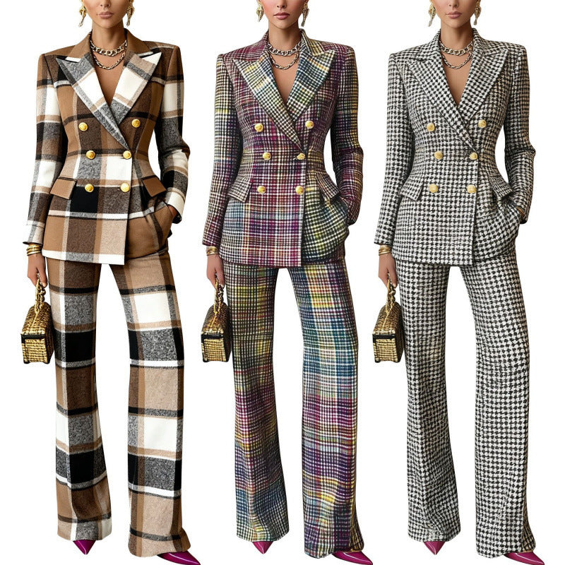 Women’s check suit in two-piece with tailored double-breasted and wide leg Mune Fashion