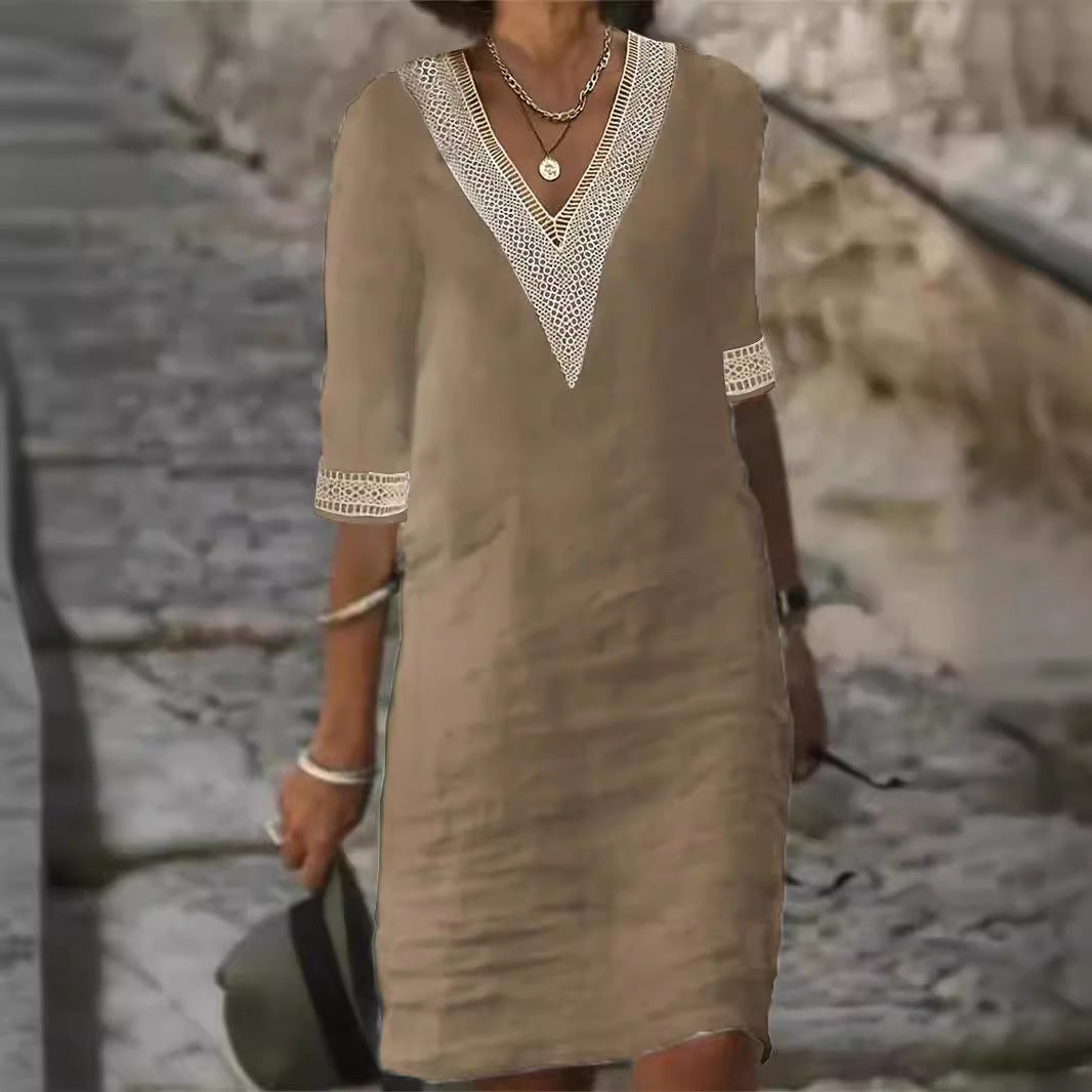 Ladies Linen Look Midi Dress with Crocheted V-Neck and 3/4 Sleeves Mune Fashion