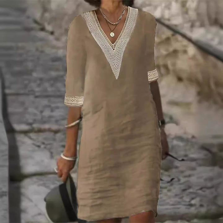 Ladies Linen Look Midi Dress with Crocheted V-Neck and 3/4 Sleeves Mune Fashion