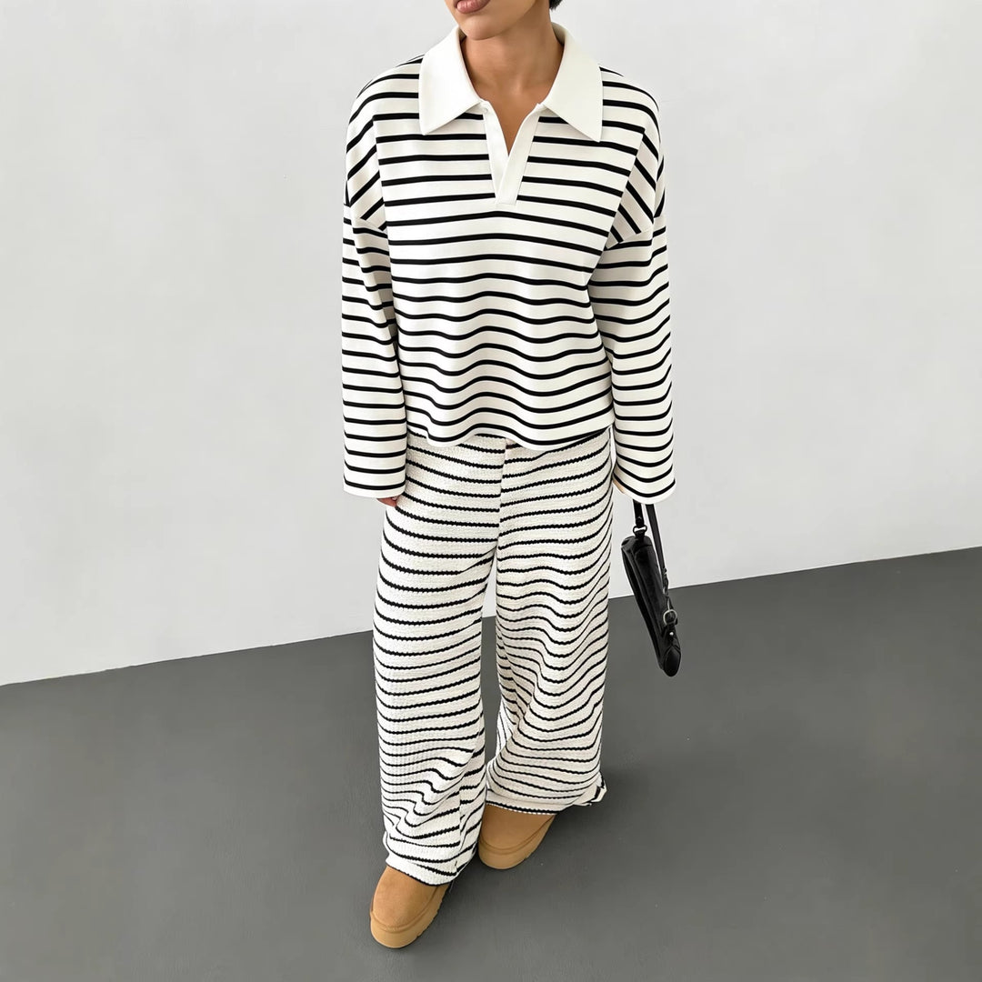 Women's Striped Knit Sweater with Polo Collar and Oversized Sleeves Mune Fashion