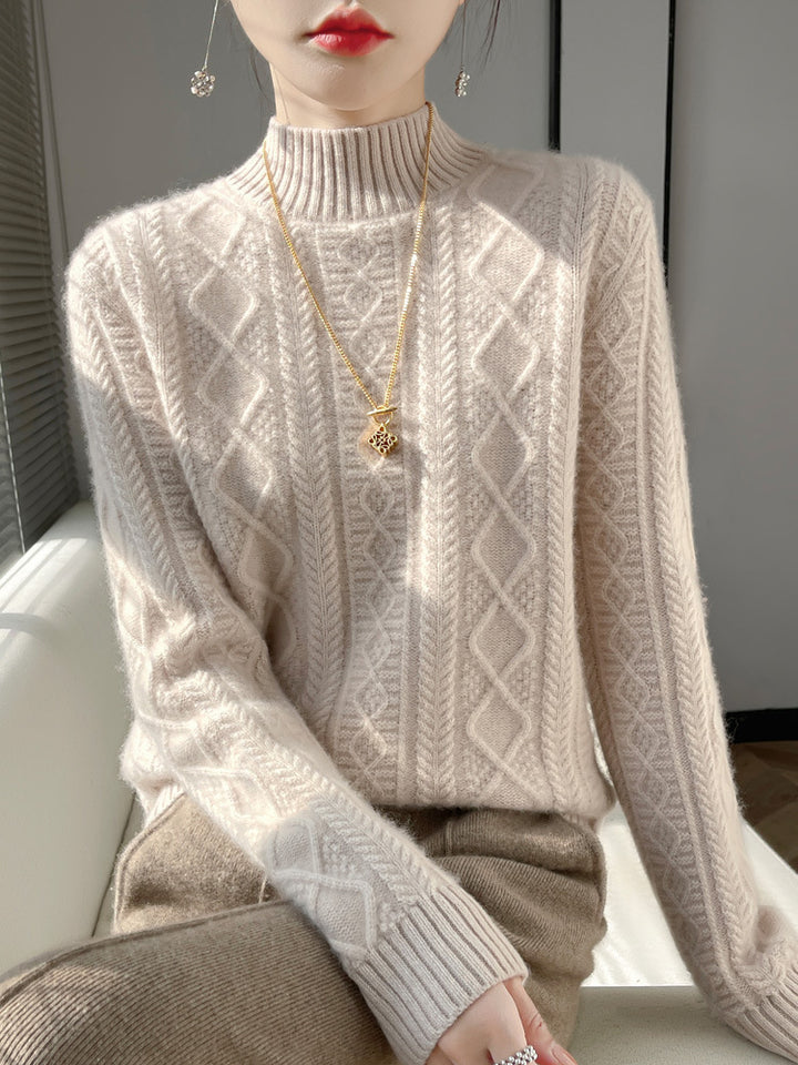 Women Cozy Mohair-Optic Mock Neck Sweater with Diamond Cable Structure and Boxy Silhouette Mune Fashion