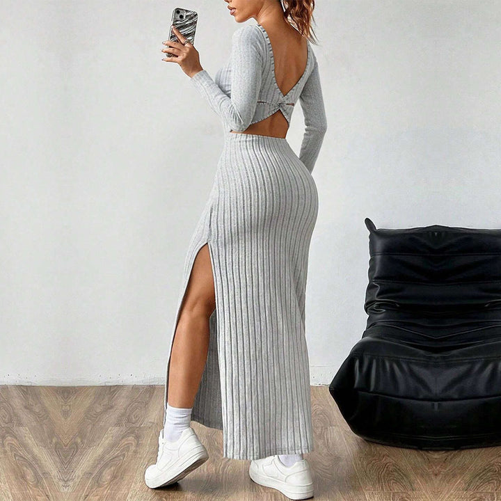 Women's figure-hugging ribbed maxi dress with square neckline and side leg slit Mune Fashion