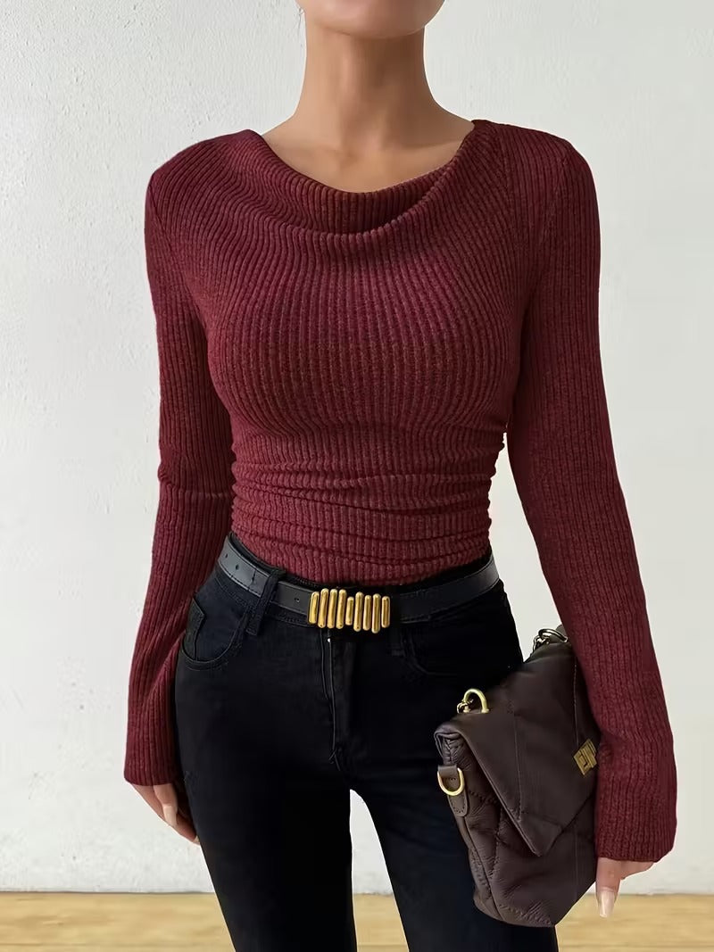 Women Ribbed Tailored Fine Knit Sweater with Gathering Mune Fashion
