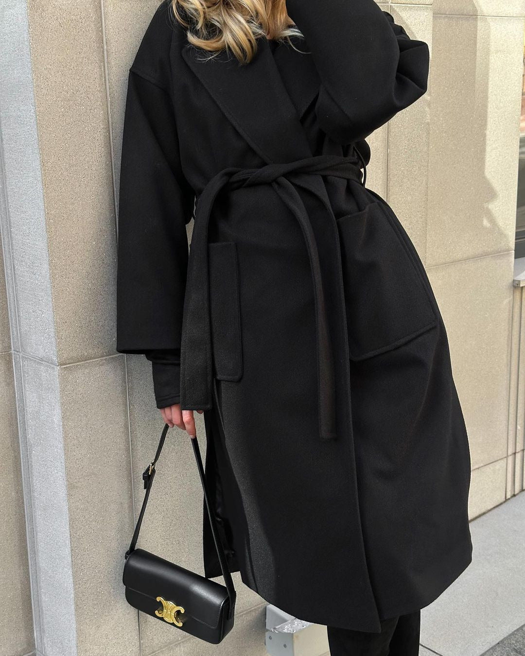 Women's wrap coat made of wool blend with belt at waist and patch pockets Mune Fashion