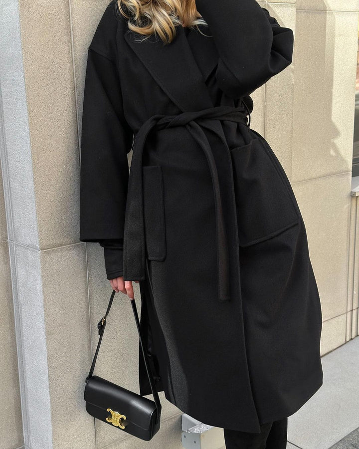 Women's wrap coat made of wool blend with belt at waist and patch pockets Mune Fashion