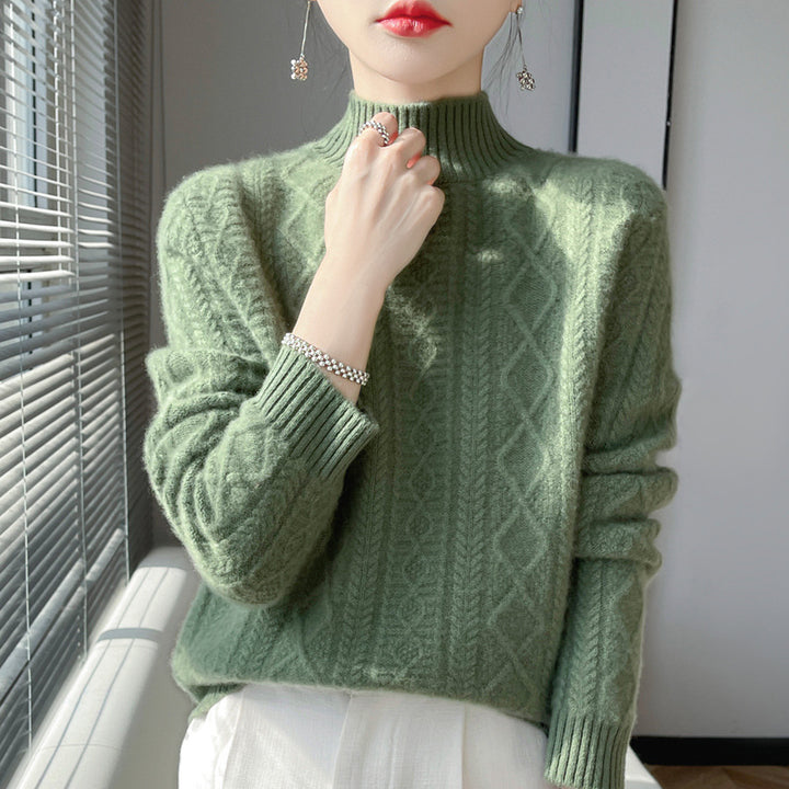 Women's cable-knit mock neck sweater with fine ajour detail and fluffy cashmere look Mune Fashion
