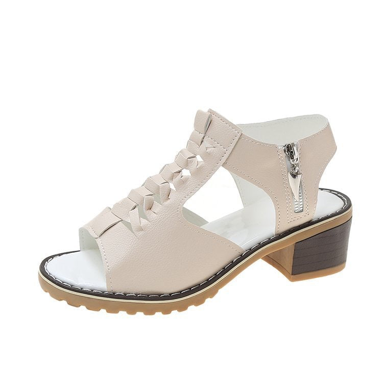 Women's Braided Leather Block Heel Sandal with Zipper and Padded Sole Mune Fashion