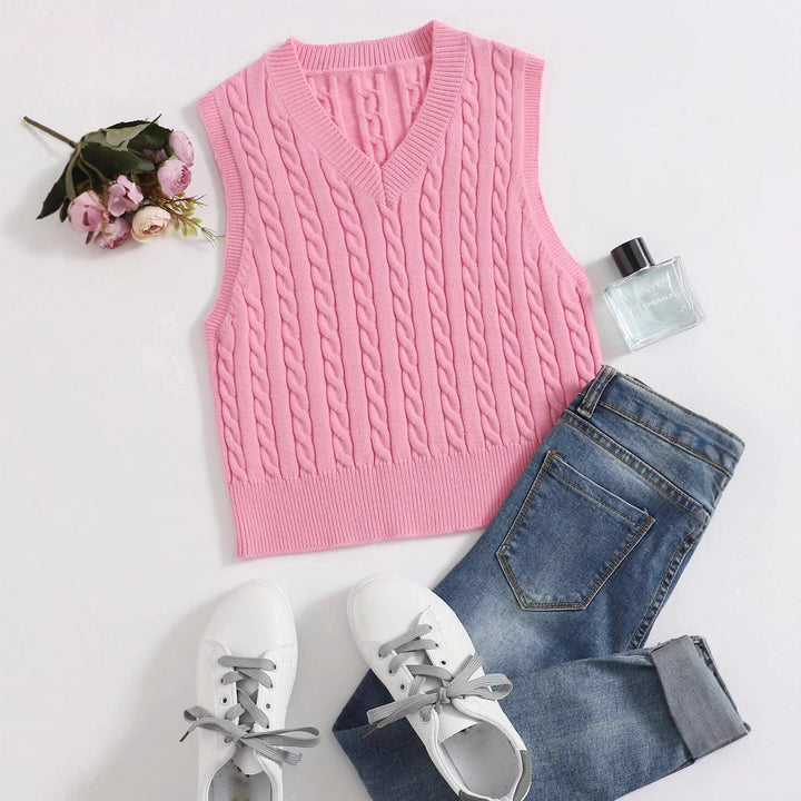 Women Classic Cable Knit Vest with Slim Fit and V-Neck Mune Fashion