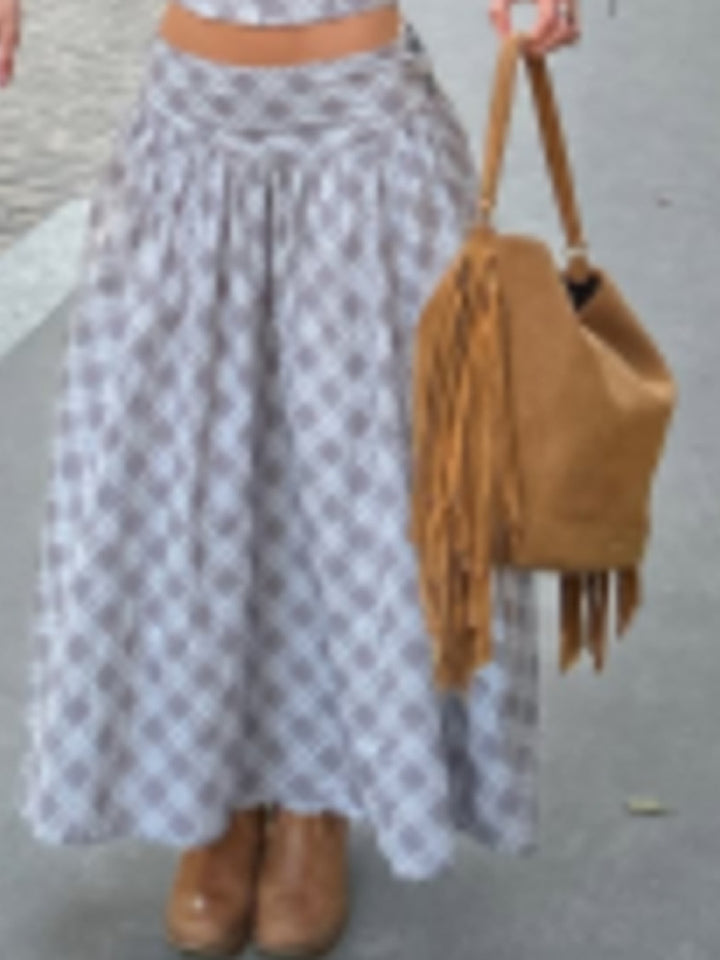 Women's longer loose maxi skirt with high waistband, gathered width & allover diamond pattern Mune Fashion