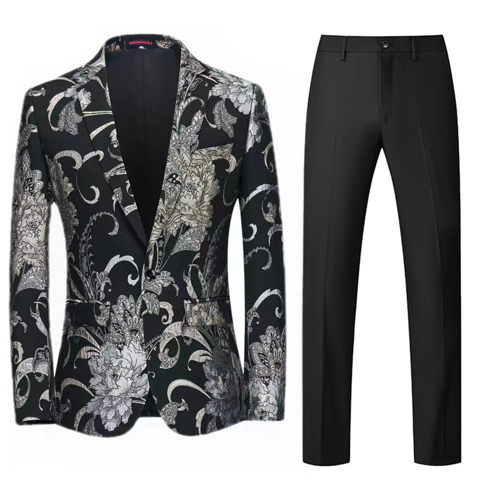 Women's Two-Piece Satin Jacquard Blazer with Floral Pattern and Tailored Fit as well as Slim Fit Suit Pants Mune Fashion