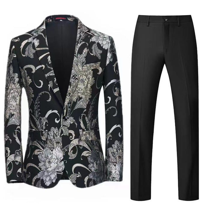 Women's Two-Piece Satin Jacquard Blazer with Floral Pattern and Tailored Fit as well as Slim Fit Suit Pants Mune Fashion