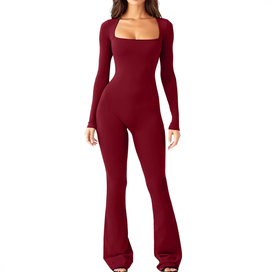 Women's figure-hugging jumpsuit with square neckline, long sleeves, and flared leg Mune Fashion