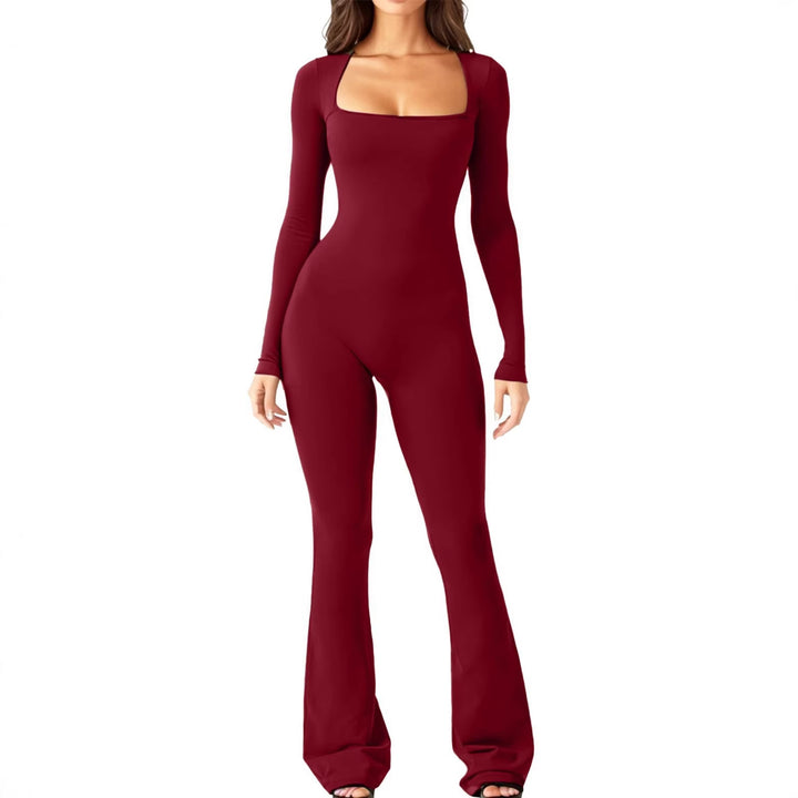 Women's figure-hugging jumpsuit with square neckline, long sleeves, and flared leg Mune Fashion