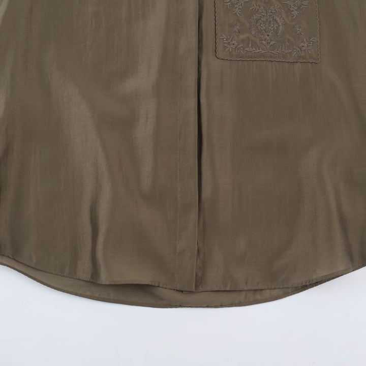 Women Oversized Silk Effect Shirt Blouse with Stand Collar and Embroidered Chest Pocket Mune Fashion