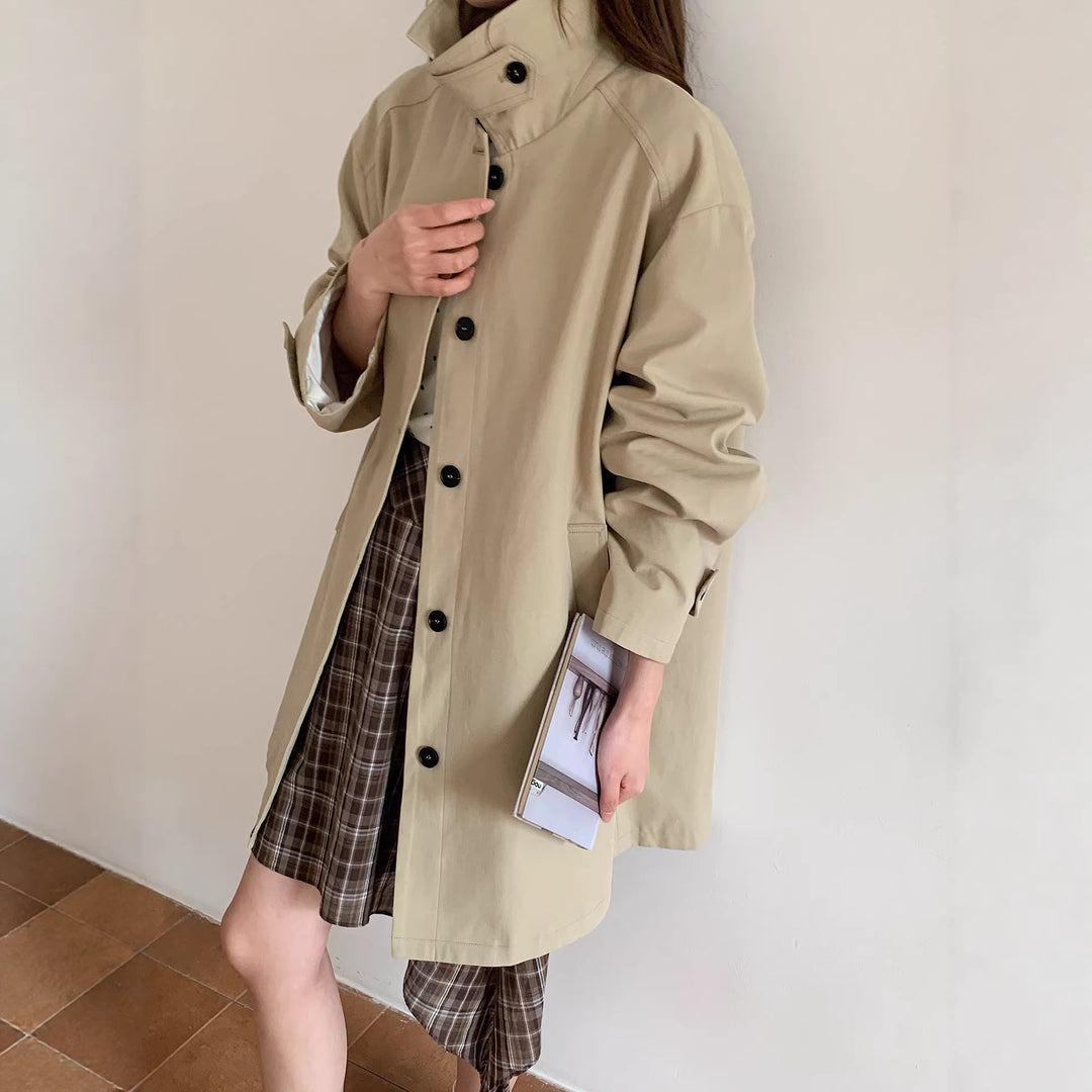 Women Boxy Short Coat with High Stand Collar Visible Button Closure and Side Pockets Mune Fashion