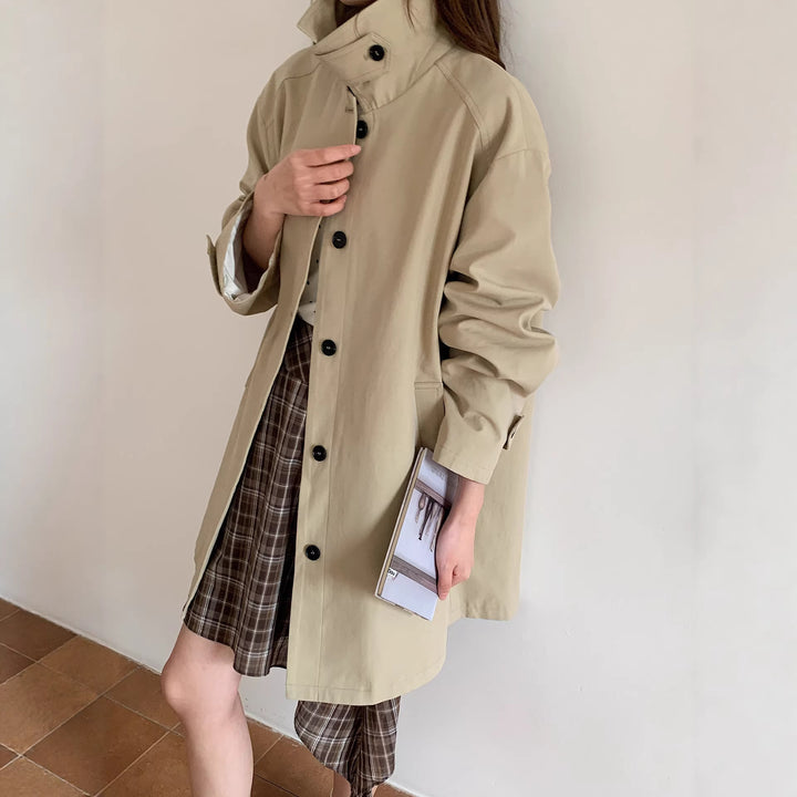 Women Boxy Short Coat with High Stand Collar Visible Button Closure and Side Pockets Mune Fashion