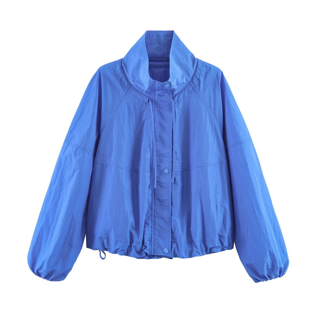 Women Lightweight Windbreaker Jacket with High Stand Collar, Drawstring Hem and Raglan Sleeves Mune Fashion