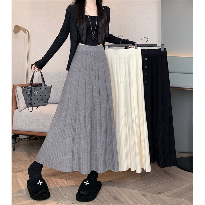 Ladies Elegant Maxi Skirt with Fine Pleats and Button Details Mune Fashion
