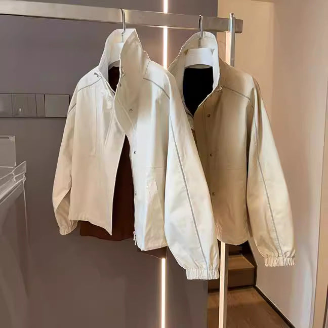 Women's Fashion Transitional Jacket with High Collar and Snap Button Closures Mune Fashion