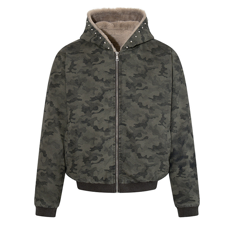 Women's padded camouflage bomber jacket with teddy lining, hood, and ribbed cuffs Mune Fashion
