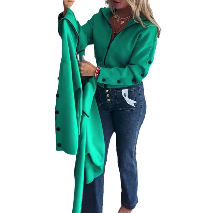 Women's short hooded knitted zip jacket with wide ribbed hem and decorative buttons on sleeves Mune Fashion