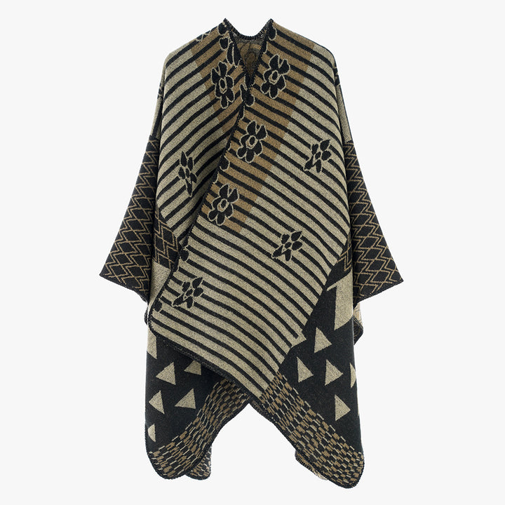 Women's Oversize Jacquard Ruana in Ethno Patchwork Design Mune Fashion