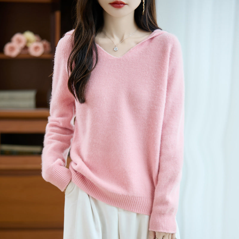 Women's Soft Mohair-Optic Hooded Sweater with V-Neck and Ribbed Hem