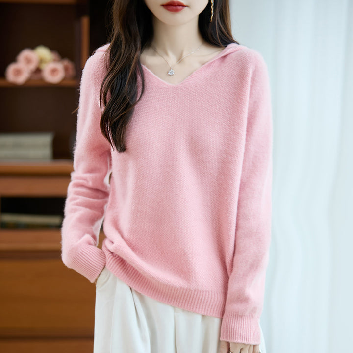 Women's Soft Mohair-Optic Hooded Sweater with V-Neck and Ribbed Hem