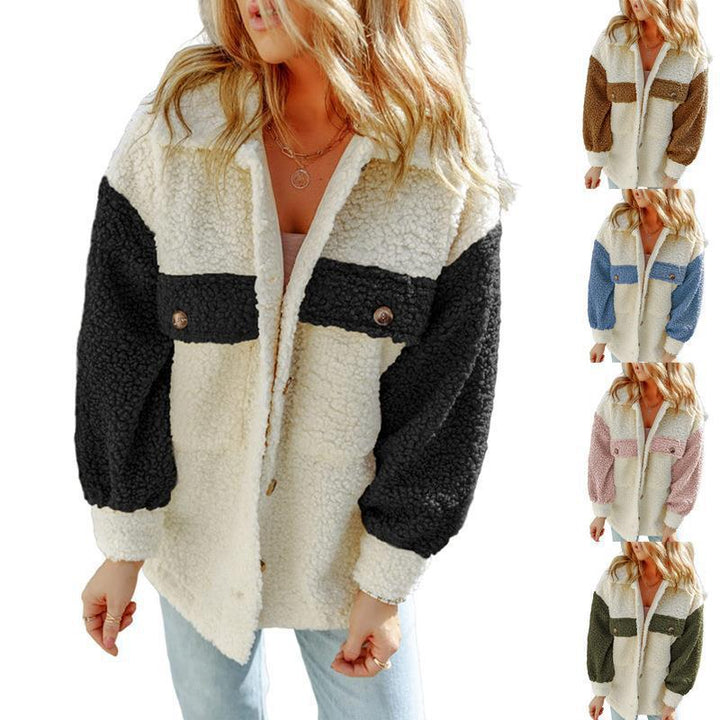 Women's oversized Teddy shirt jacket with contrast stripes, applied chest pockets and visible button placket Mune Fashion