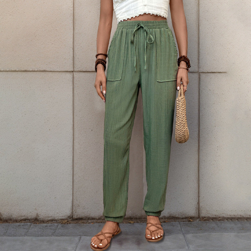 Women Loose Linen Look Jogger Pants with High Elastic Waistband, Drawstring, Patch Pockets & Elastic Cuffs Mune Fashion