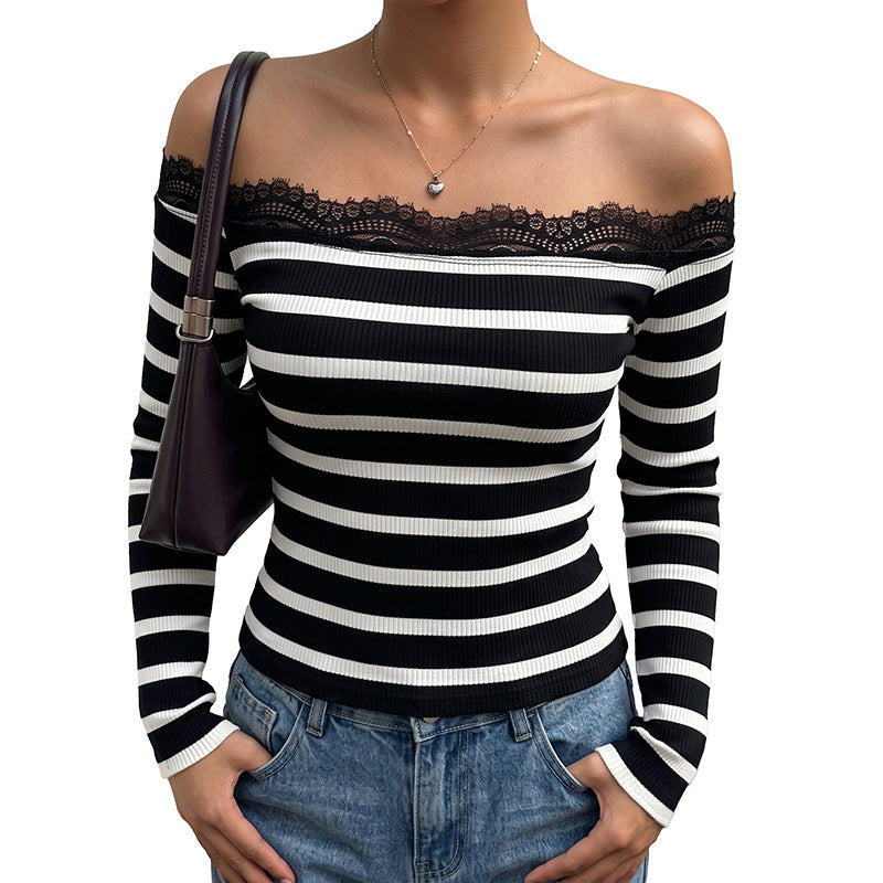 Women's Off-Shoulder Striped Top with Lace Edge Mune Fashion