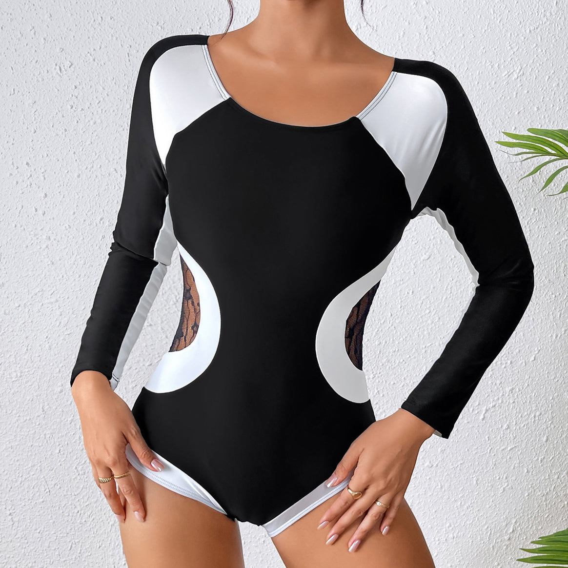Women's One-Piece Swimsuit with Sophisticated Mesh Design and Long Sleeves Mune Fashion