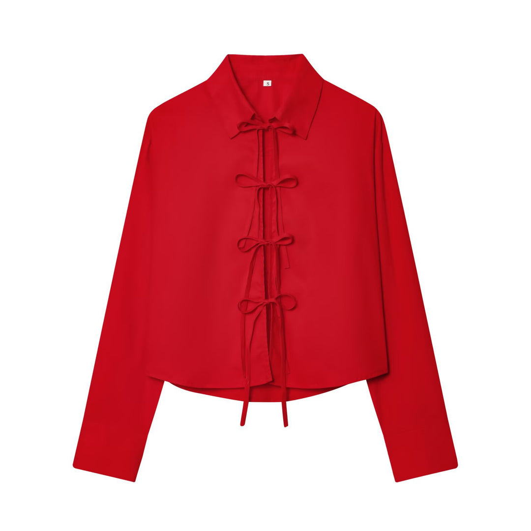 Ladies' shirt blouse with multiple bow details and boxy cropped silhouette Mune Fashion