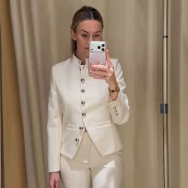 Women Tailored Blazer with Stand Collar and Silver Decorative Buttons Mune Fashion