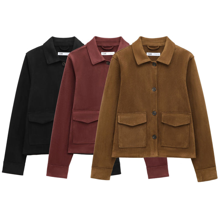 Ladies Short Suede Look Jacket with Flap Pockets Mune Fashion