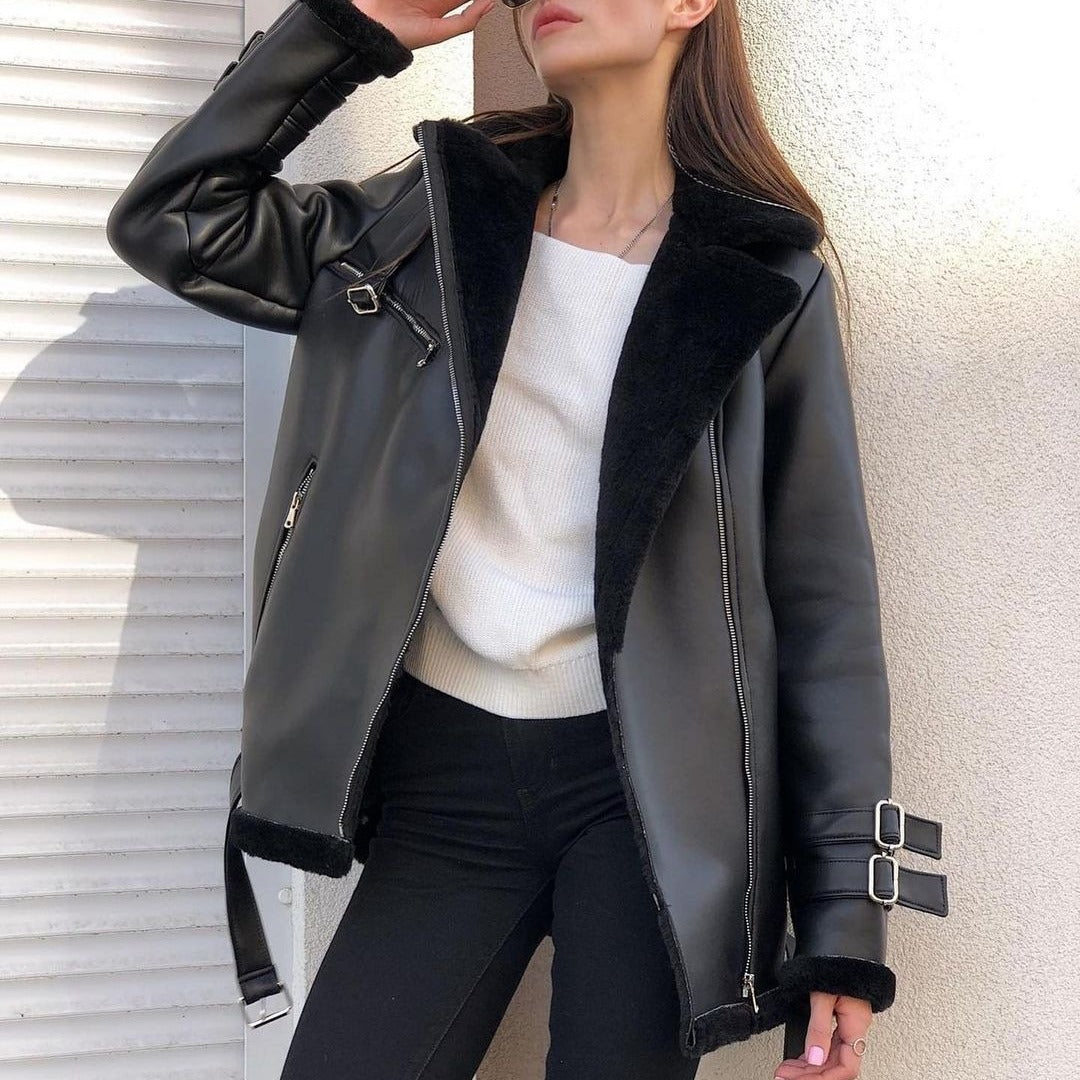 Women Oversized Faux Leather Pilot Jacket with Teddy Fur Lining and Buckles Mune Fashion