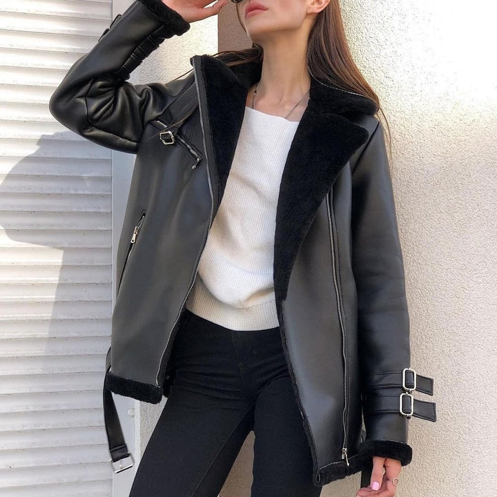 Women Oversized Faux Leather Pilot Jacket with Teddy Fur Lining and Buckles Mune Fashion