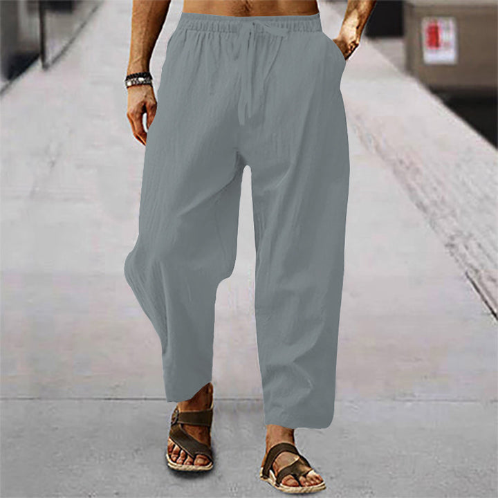 Men's Loose Linen Look Casual Pants with Elastic Waistband, Drawstring and Cropped Leg Mune Fashion