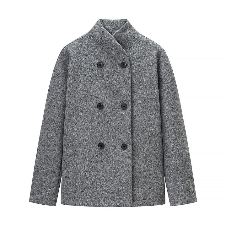 Ladies Short Double-Breasted Wool Coat with Stand-up Collar Mune Fashion