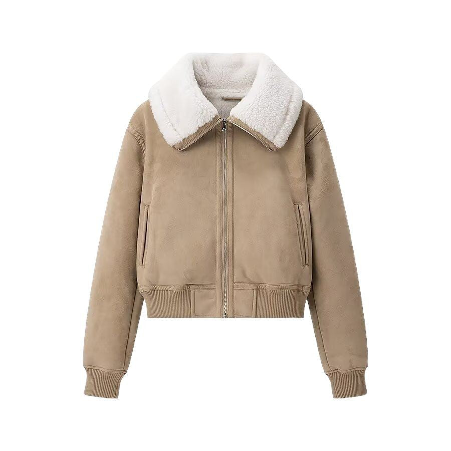 Women's Short Suede Look Bomber Jacket with Teddy Collar and Ribbed Cuffs Mune Fashion