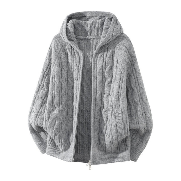Women's Oversized Cable Knit Hooded Cardigan with Full Zip and Balloon Sleeves Mune Fashion