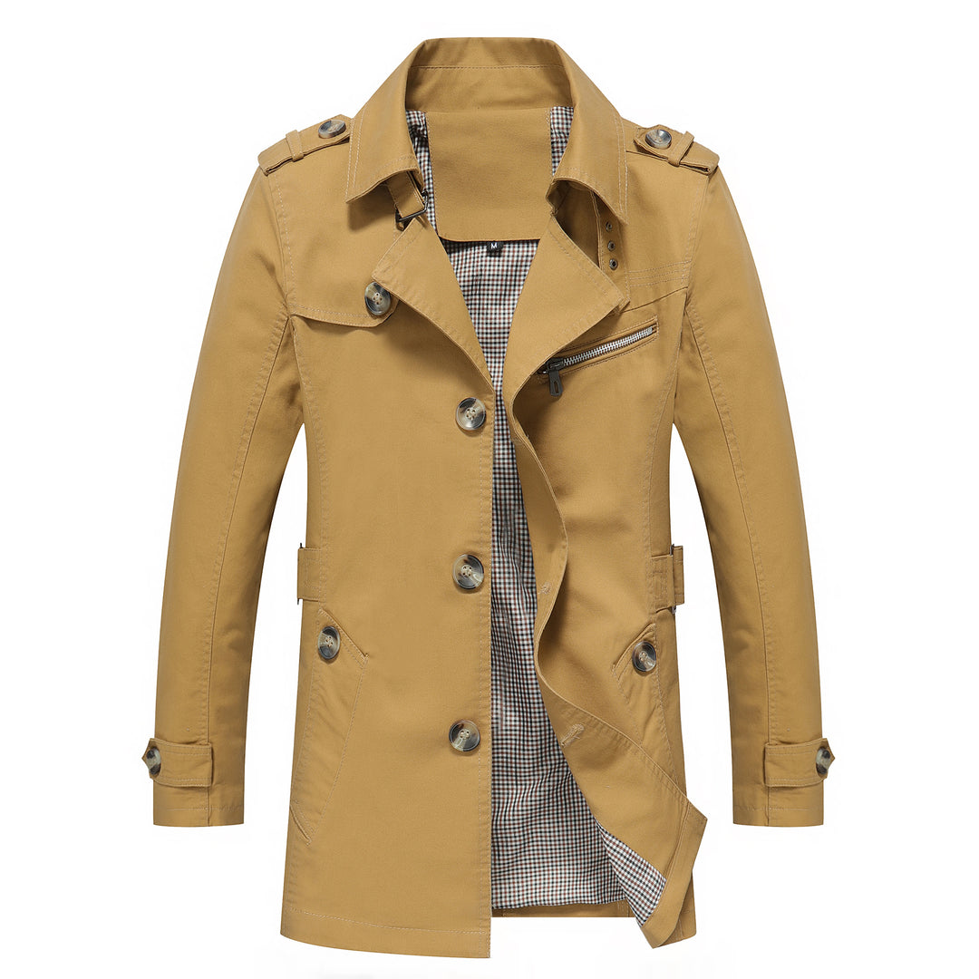 Men's Lightweight Field Style Trench Coat with Epaulettes and Check Lining Mune Fashion