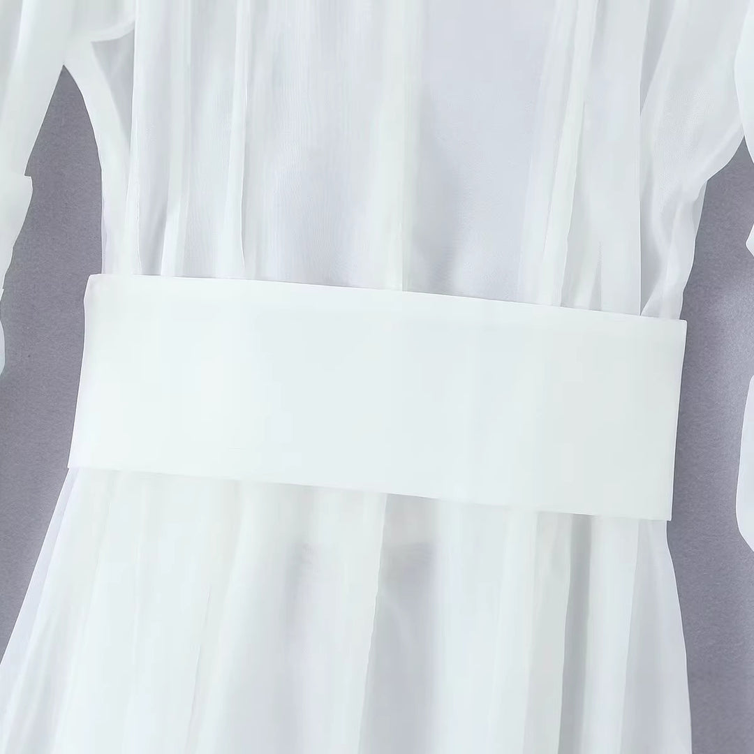 Women's Transparent Shirt Dress with Wide Waist Belt and Ruffled Skirt Mune Fashion