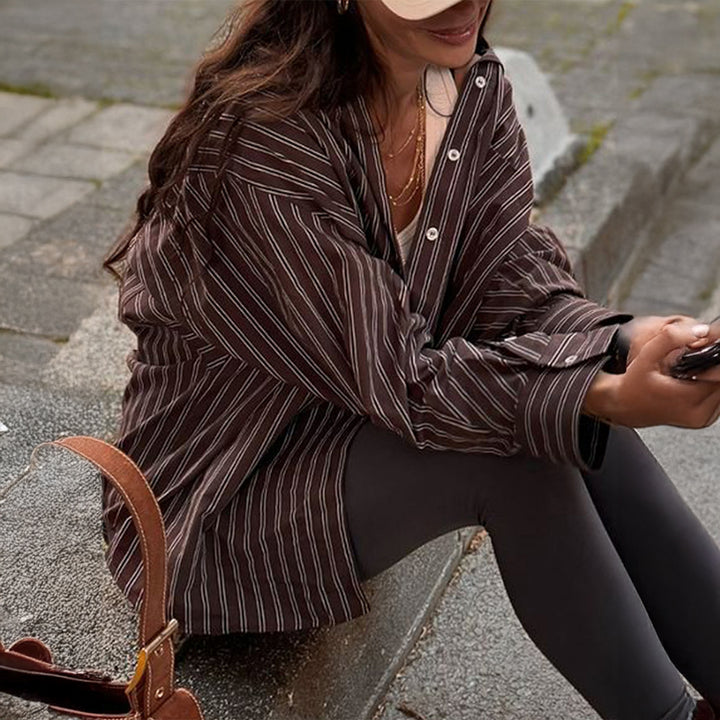 Women oversized casual shirt with fine pinstripes, shirt collar and chest pocket Mune Fashion