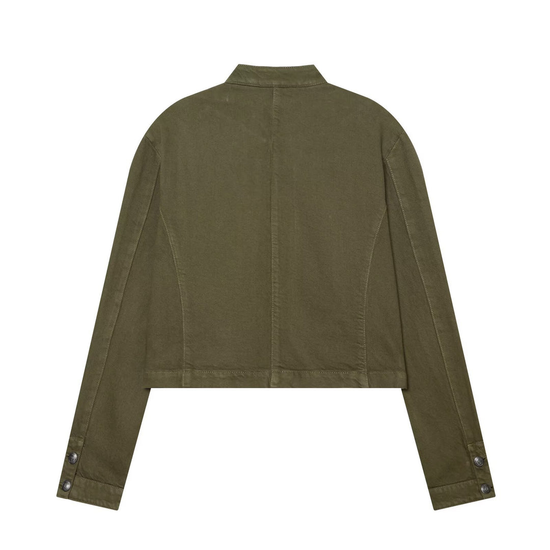 Women's Short Military-inspired Jacket with Stand Collar, Decorative Button Plackets and Full Zip Mune Fashion