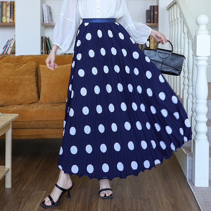 Women's pleated circle midi skirt in retro polka dot design with elastic comfort waistband Mune Fashion