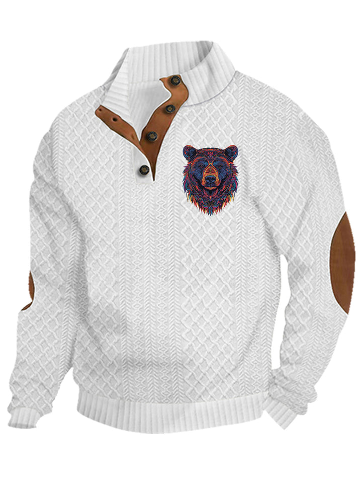 Men's nan Heritage textured pullover with stand-up collar faux leather trim elbow patches and half-button placket Mune Fashion